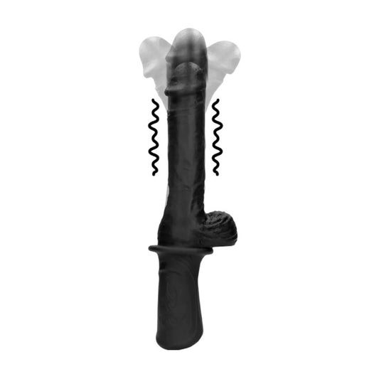 Vibrator OUCH! Handheld Vibrating and Thrusting Dildo, design realist cu mâner, funcții de penetrare automată și vibrație, negru