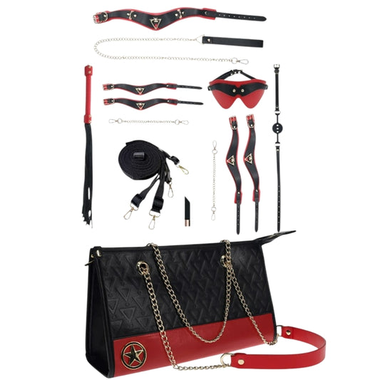 Set OUCH! Kit with Bag - Milan Collection, 9 produse pentru jocuri BDSM, cu cătușe, mască, lesă, căluș, bici și geantă, negru cu roșu