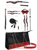 Set OUCH! Kit with Bag - Milan Collection, 9 produse pentru jocuri BDSM, cu cătușe, mască, lesă, căluș, bici și geantă, negru cu roșu