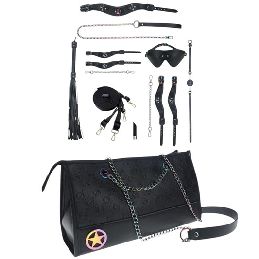 Set OUCH! Kit with Bag - Venice Collection, 9 produse pentru jocuri BDSM, cu cătușe, mască, lesă, căluș, bici și geantă, negru