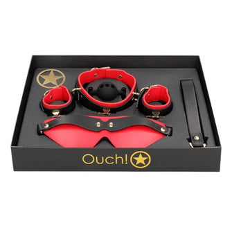 Set bondage OUCH! Sample Box - Milan Collection, pentru jocuri erotice BDSM, cu mască, cătușe, căluș și zgardă, culoare roșu cu negru