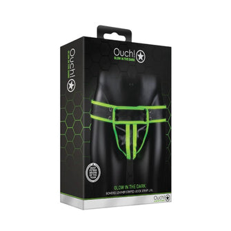 Chilot sexy bărbați OUCH! Striped Jockstrap Glow In The Dark, cu capse, negru cu verde fluorescent, mărime L/XL