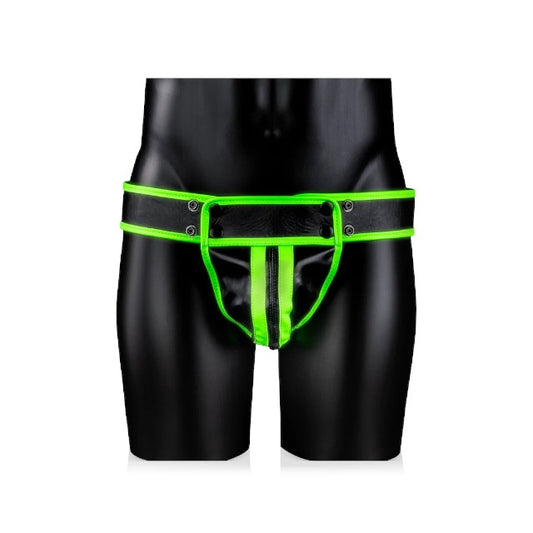 Chilot sexy bărbați OUCH! Striped Jockstrap Glow In The Dark, cu capse, negru cu verde fluorescent, mărime L/XL