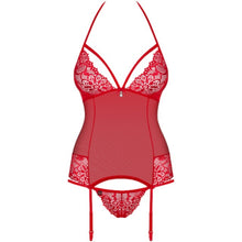 Lenjerie sexy 2 piese OBSESSIVE, corset cu dantelă și portjartier + chilot tanga, culoare roșu, mărime S/M (838-COR-3)