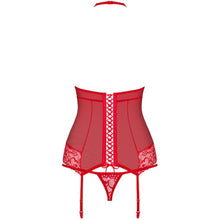 Lenjerie sexy 2 piese OBSESSIVE, corset cu dantelă și portjartier + chilot tanga, culoare roșu, mărime S/M (838-COR-3)