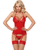 Lenjerie sexy 2 piese OBSESSIVE, corset cu dantelă și portjartier + chilot tanga, culoare roșu, mărime S/M (838-COR-3)