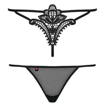 Chilot tanga sexy OBSESSIVE Luiza, model cu plasă și design floral din dantelă, material elastic, mărime S/M, negru