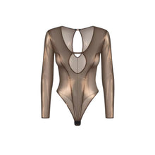 Lenjerie sexy teddy OBSESSIVE Soranna, body erotic mulat din plasă, reflexe aurii, transparent, mărime S/M