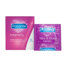 Prezervative PASANTE Ribs & Dots Intensity, texturate cu puncte și striații, diametru 52 mm, 3 bucăți
