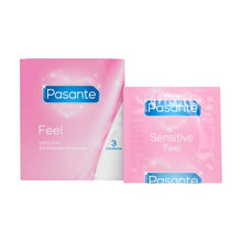 Prezervative PASANTE Sensitive Feel, din latex, ultra-subțiri și rezistente, diametru 52 mm, 3 bucăți