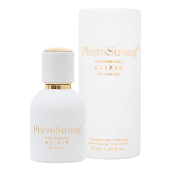 Parfum cu feromoni PHEROSTRONG Elixir, pentru femei, cu note de mosc alb, ambră și vanilie de Madagascar, alb, 50 ml