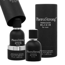 Parfum cu feromoni PHEROSTRONG Elixir, pentru bărbați, cu note de lemn de santal, ylang-ylang și trandafir bulgar, negru, 50 ml