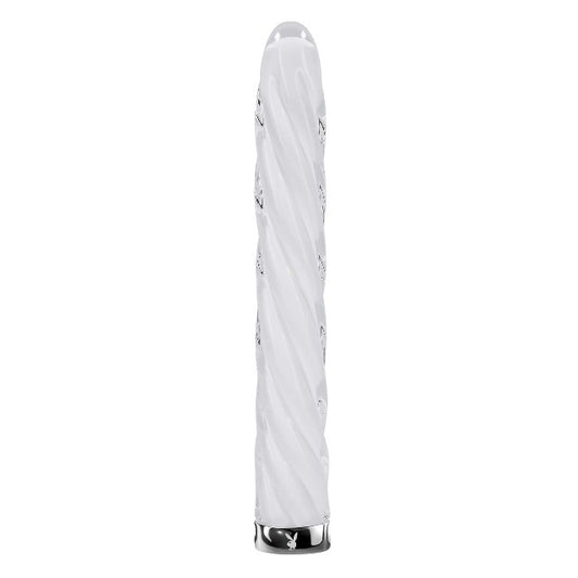 Vibrator PLAYBOY In A Twist, din sticlă borosilicată, design spiralat pentru stimulare intensă, 10 funcții de vibrație, 17.5 cm, alb