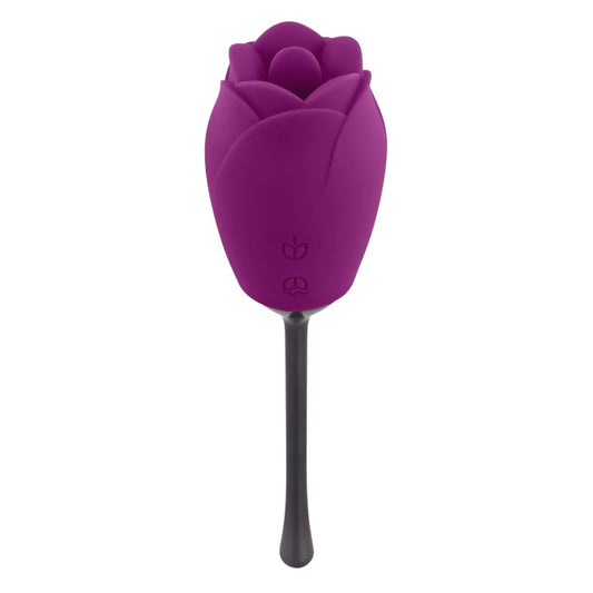 Vibrator dublu PLAYBOY Petal, în formă de trandafir, cu 9 funcții de simulare sex oral, 9 funcții de vibrație, mov cu negru