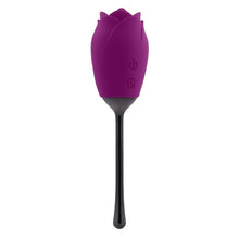 Vibrator dublu PLAYBOY Petal, în formă de trandafir, cu 9 funcții de simulare sex oral, 9 funcții de vibrație, mov cu negru