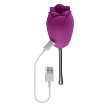 Vibrator dublu PLAYBOY Petal, în formă de trandafir, cu 9 funcții de simulare sex oral, 9 funcții de vibrație, mov cu negru