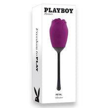 Vibrator dublu PLAYBOY Petal, în formă de trandafir, cu 9 funcții de simulare sex oral, 9 funcții de vibrație, mov cu negru