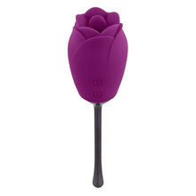 Vibrator dublu PLAYBOY Petal, în formă de trandafir, cu 9 funcții de simulare sex oral, 9 funcții de vibrație, mov cu negru