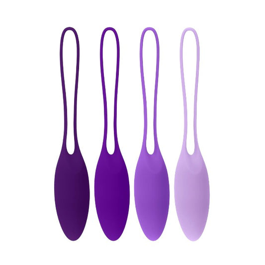 Set 4 bile kegel PLAYBOY Put In Work, pentru tonifierea mușchilor pelvieni, cu greutăți progresive, rezistente la apă, mov