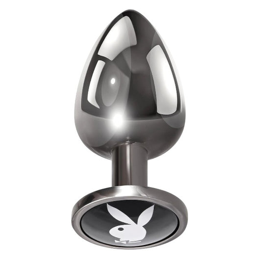 Plug anal PLAYBOY Tux - Large, din aluminiu, bază cu logo Playboy, lungime 9.5 cm, diametru 3.9 cm (mărime L), argintiu