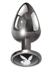 Plug anal PLAYBOY Tux - Large, din aluminiu, bază cu logo Playboy, lungime 9.5 cm, diametru 3.9 cm (mărime L), argintiu