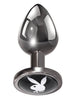 Plug anal PLAYBOY Tux - Small, din aluminiu, bază cu logo Playboy, lungime 7.3 cm, diametru 2.7 cm (mărime S), argintiu