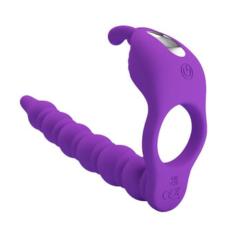 Inel vibrator pentru penis cu dildo PRETTY LOVE Blackney, pentru dublă penetrare, 7 funcții de vibrație, din silicon, mov