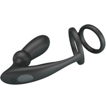 Inel dublu pentru penis cu plug anal PRETTY LOVE EMONI, 12 funcții de vibrație, 12 funcții de penetrare, culoare negru