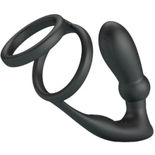 Inel dublu pentru penis cu plug anal PRETTY LOVE EMONI, 12 funcții de vibrație, 12 funcții de penetrare, culoare negru