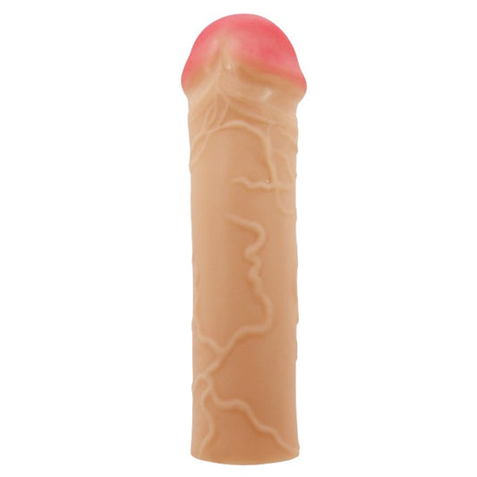 Manșon PRETTY LOVE Bunion, pentru extensia și îngroșarea penisului, cu inel pentru testicule, +2.5 cm în lungime, culoarea pielii