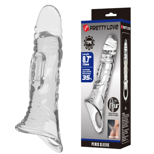 Manșon PRETTY LOVE Penis Sleeve, pentru extensia și îngroșarea penisului, inel pentru testicule, +4 cm în lungime, transparent