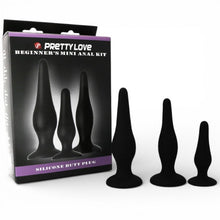 Set plug anal PRETTY LOVE Beginner’s Mini Anal Kit, 3 dopuri anale cu ventuză pentru fixare, din silicon medical, lungimi 8.5 x 11.5 x 13 cm, negru