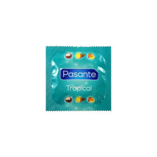Prezervative PASANTE Tropical Flavours, colorate și cu arome de ananas, nucă de cocos și mango, din latex, diametru 52 mm, 144 buc