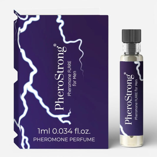 Mostră parfum cu feromoni PHEROSTRONG Pheromone Flare Men, pentru bărbați, cu note de bergamotă, piper negru, lemn de santal, mov, 1 ml