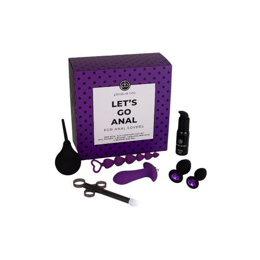 Set erotic DREAMTOYS Pleasure Box - Let’s Go Anal, cu 2 dopuri anale, vibrator anal, duș anal și injector de lubrifiant (cutie mov)