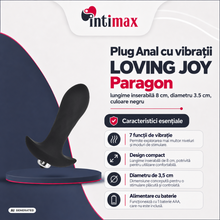Plug Anal cu vibrații LOVING JOY Paragon, 7 funcții de vibrație, lungime inserabilă 8 cm, diametru 3.5 cm, culoare negru