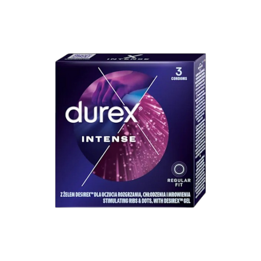 Prezervative cu striații DUREX Intense, cu efect de stimulare clitoridiană și intensificare orgasm feminin, 56 mm, 1 cutie x 3 buc