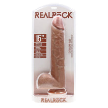 Dildo gros REALROCK Extra Long Dildo 15”, design realist cu testicule, bază cu ventuză, lungime 38.1 cm, diametru 7.6 cm, caramel