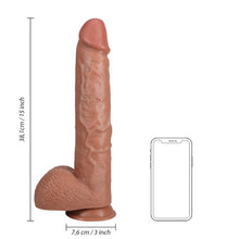 Dildo gros REALROCK Extra Long Dildo 15”, design realist cu testicule, bază cu ventuză, lungime 38.1 cm, diametru 7.6 cm, caramel