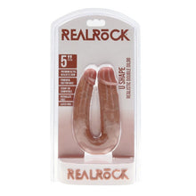 Dildo dublu REALROCK U Shape 5”, pentru dublă penetrare, compatibil cu ham strap-on, design realist, 12.7 cm, caramel
