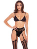 Lenjerie sexy 3 piese RENE ROFE Straight Up, cu sutien, chilot tanga și dresuri cu portjartier, model cu dungi verticale, negru, mărimea M/L, model 7096-BLKML
