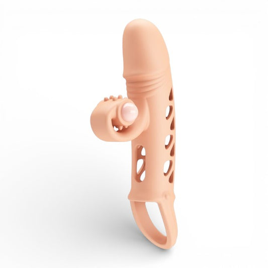 Manșon vibrator ROMANCE Mind Blowing Miracles, cu bullet inclus, pentru extensia și îngroșarea penisului, inel pentru testicule, culoarea pielii, 20 cm