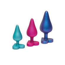 Set plug anal ROMP LUSTER Anal Training Kit, 3 dopuri de dimensiuni progresive, 7.4 cm - 10.5 cm, cu baze în formă de inimă, multicolore