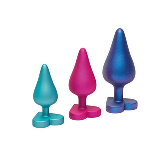 Set plug anal ROMP LUSTER Anal Training Kit, 3 dopuri de dimensiuni progresive, 7.4 cm - 10.5 cm, cu baze în formă de inimă, multicolore