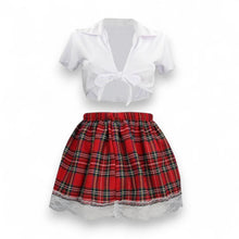 Costum sexy școlăriță S-LINE BY SHOTS Schoolgirl Costume, pentru roleplay, cămașă cu fustă în carouriu, mărime S/M, alb-roșu