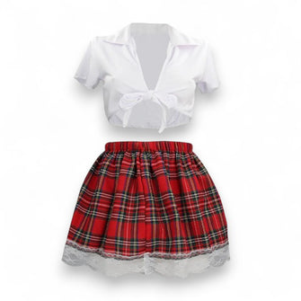 Costum sexy școlăriță S-LINE BY SHOTS Schoolgirl Costume, pentru roleplay, cămașă cu fustă în carouriu, mărime S/M, alb-roșu