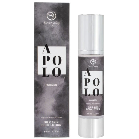 Loțiune pentru bărbați SECRET PLAY APOLO Silky Skin, pentru corp, păr și masaj, cu feromoni, note de patchouli și scorțișoară, 50 ml