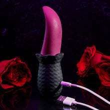 Stimulator clitoris SELOPA Tongue Vibrator, design în formă de limbă, 10 funcții de vibrație, din silicon moale, culoare negru cu roz, 14.8 cm