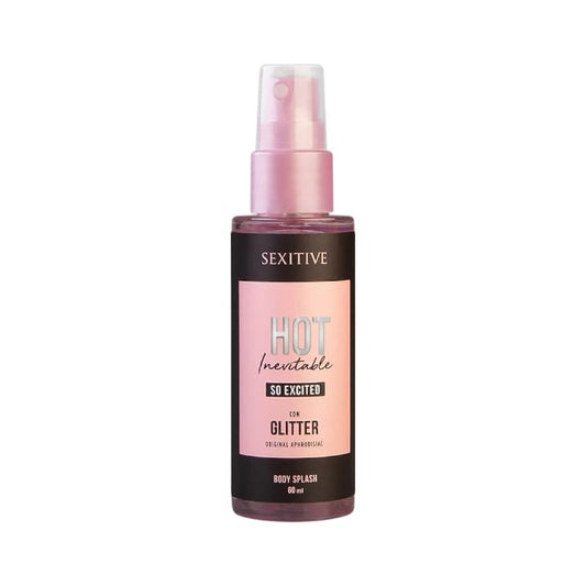 Spray cu feromoni pentru corp SEXITIVE So Excited Glitter, pentru femei, cu sclipici, note de flori de portocal, cafea și vanilie, 60 ml