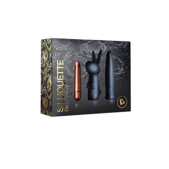 Kit SILHOUETTE Dark Desires cu vibrator bullet + 2 huse interschimbabile, 7 funcții de vibrație, rezistent la apă, bronz cu negru